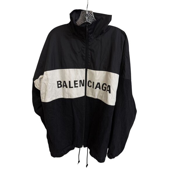 Balenciaga Black & White Logo Windbreaker Jacket Size 34 Lightweight & Stylish O - Picture 1 of 10